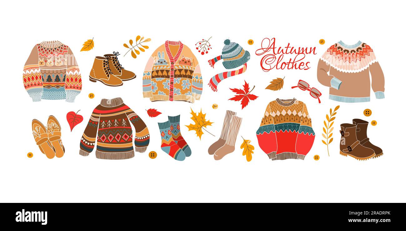 Abiti e accessori autunnali in stile piatto. Maglione caldo e scarpe con scritta. Illustrazione Vettoriale