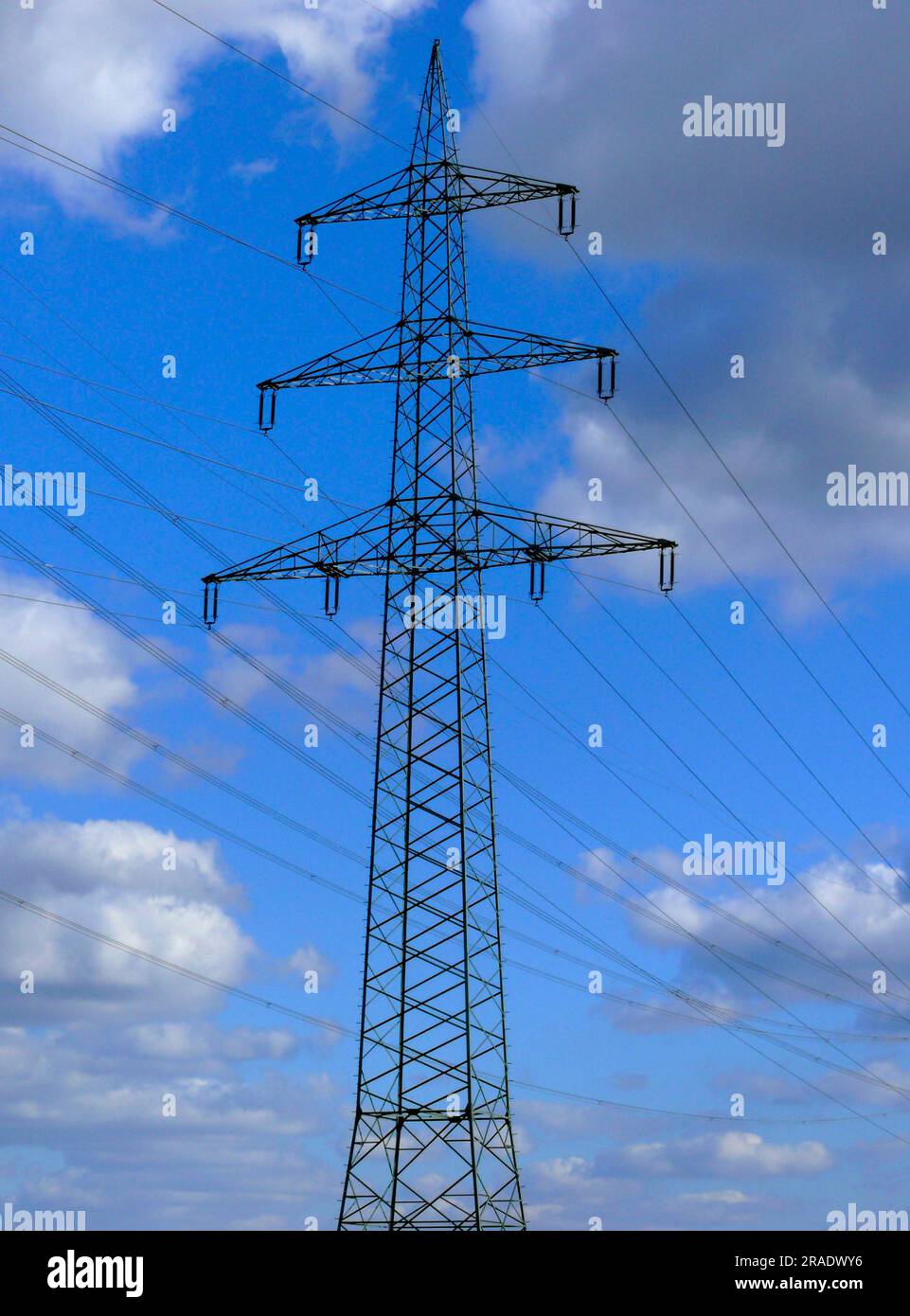 Linee elettriche aeree, tralicci elettrici Foto Stock