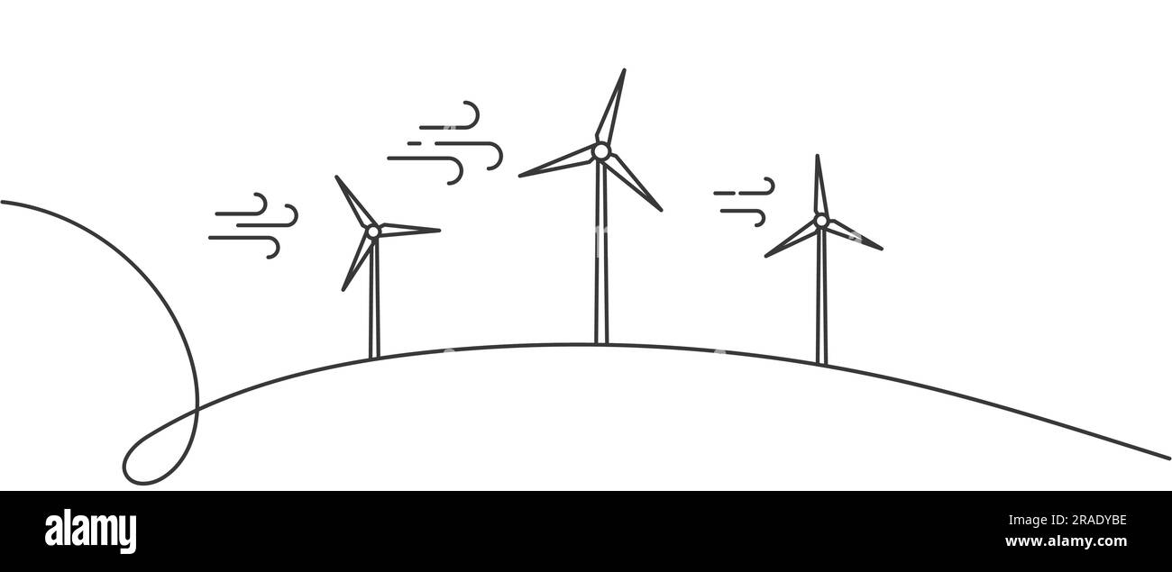 Centrale eolica. Turbine eoliche. Progettazione di vettori di energia rinnovabile. Illustrazione della linea energia verde Illustrazione Vettoriale