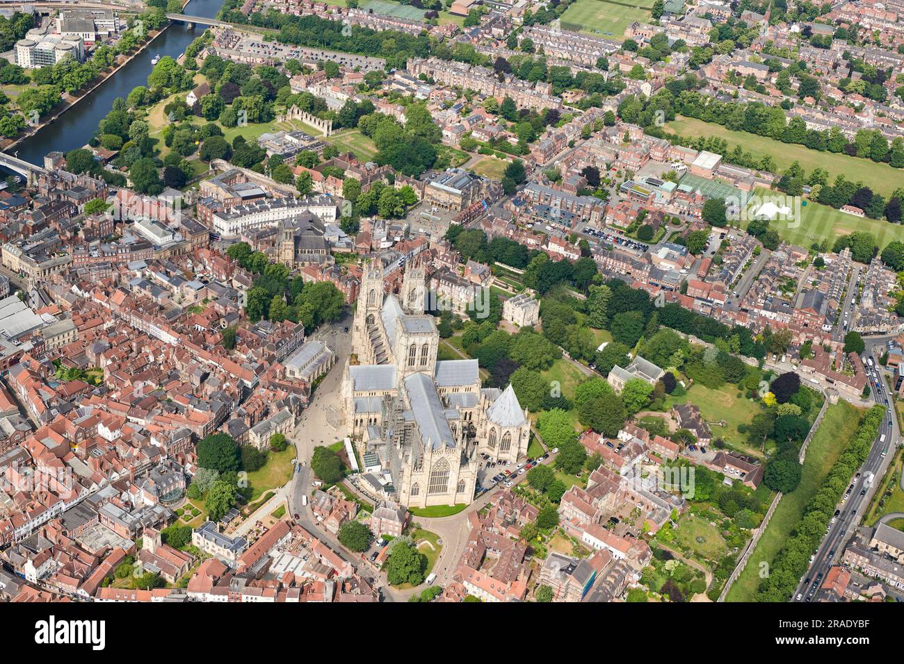 Una vista aerea della storica città di York, e della Cattedrale, Inghilterra settentrionale, North Yorkshire, Regno Unito Foto Stock