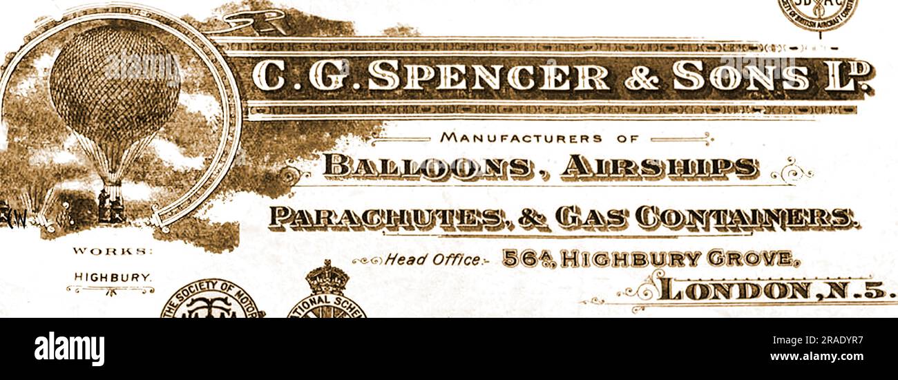 Carta intestata di C G Spencer & Sons Ltd, Highbury Grove, Londra, pallone, dirigibile, produttori di contenitori di gas e paracadute. Nel 1902 realizzarono il 1902 Made the Mellin Airship nel 1910 Henry Spencer pilotò un dirigibile di nome Carbic sopra l'Aero Exhibition di Olympia; costruito da Spencer e Son Foto Stock