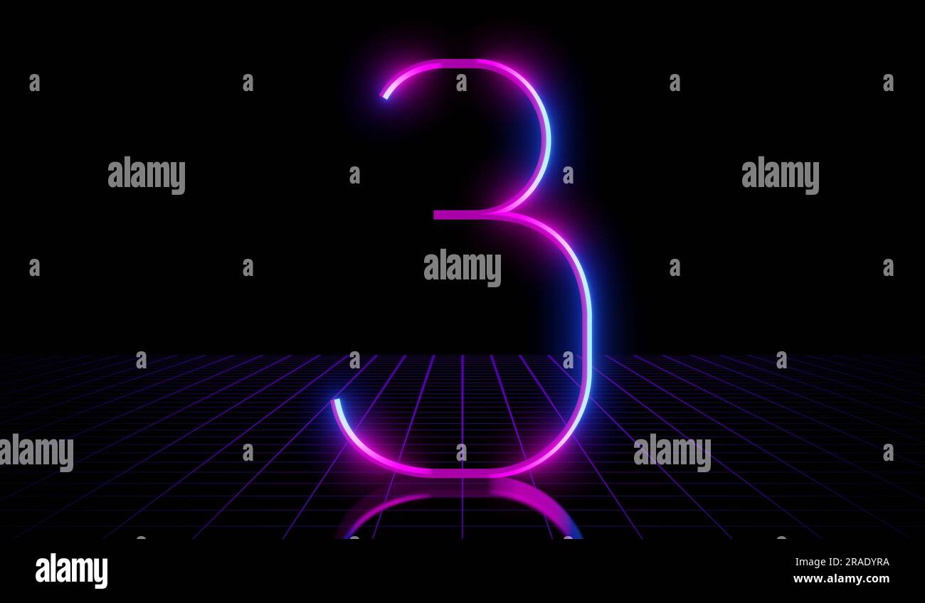 3 - numero al neon ultravioletto su sfondo nero - illustrazione 3D. Foto Stock