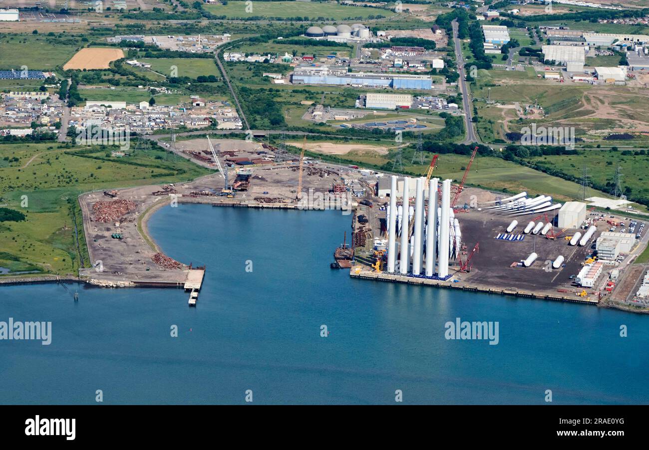 Vista aerea del sito di produzione e produzione di turbine eoliche Seal Sands, Hartlepool, Teeside, Inghilterra nord-orientale Regno Unito Foto Stock