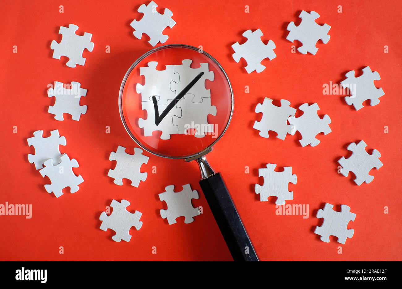 Lente di ingrandimento che ingrandisce il segno di spunta o il segno di spunta sui pezzi del puzzle. Concetto di controllo di qualità aziendale e approvazione e assegnazione dei contratti. Foto Stock