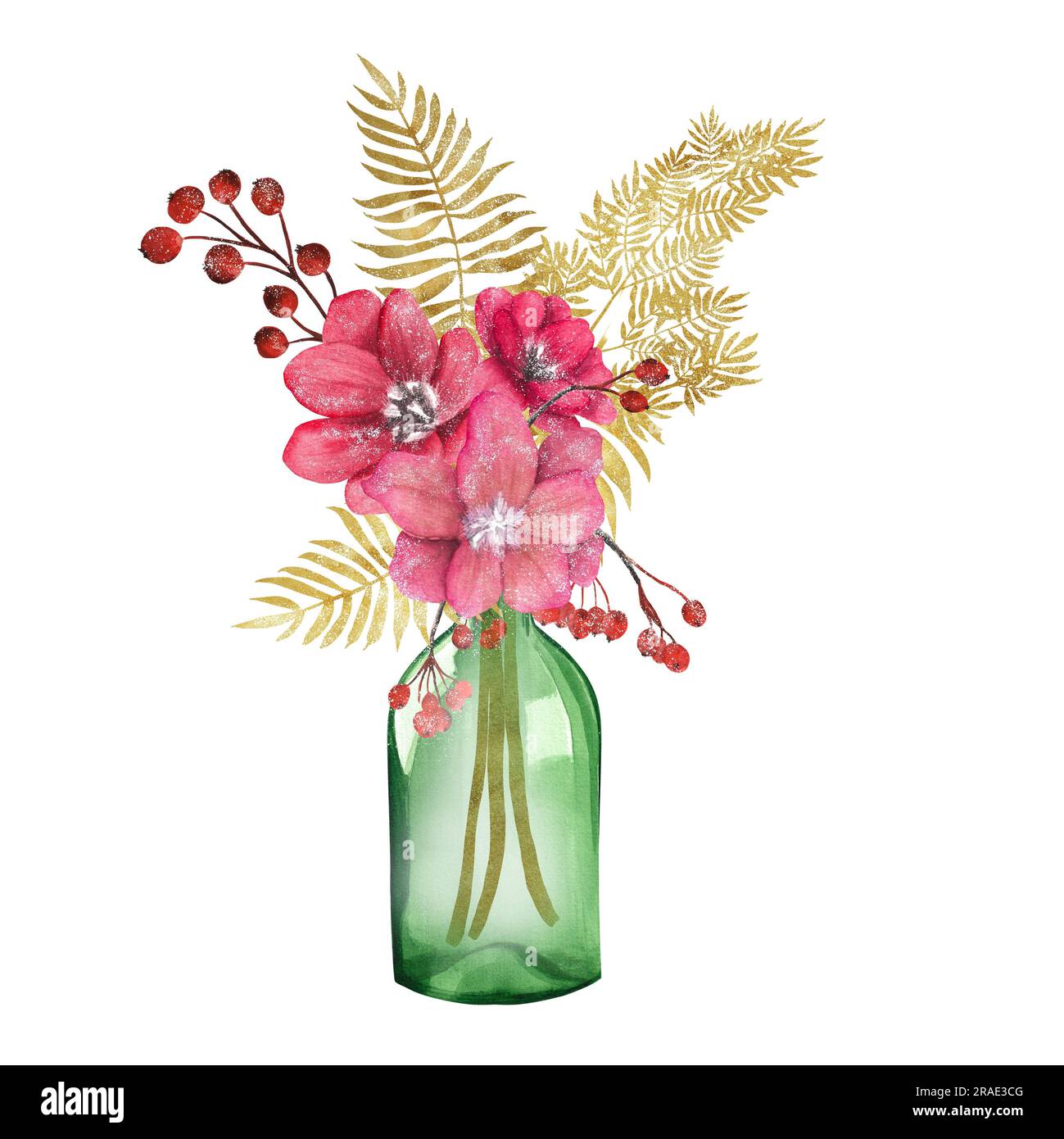 Composizione acquerello disegnata a mano - bouquet di natale in bottiglia di vetro. Fiori rossi con felci dorate e bacche rosse. Due opzioni: Bianco e transpar Foto Stock