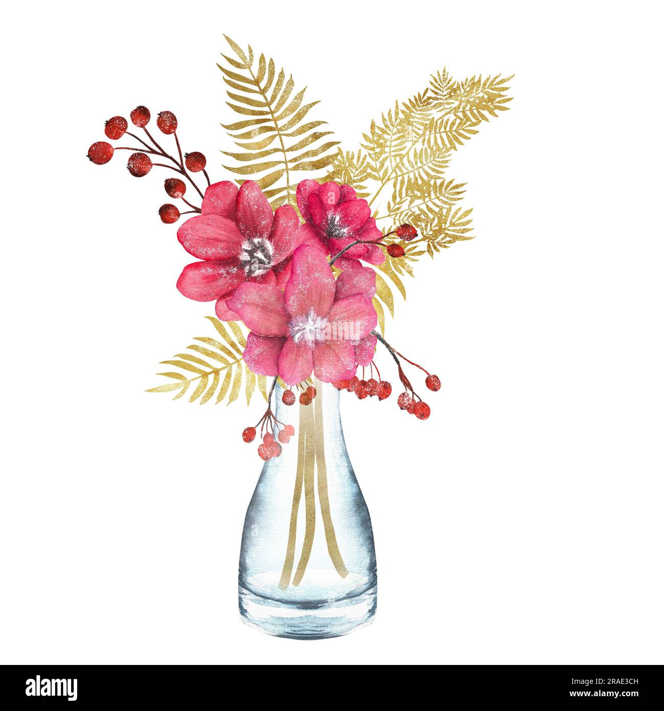 Composizione acquerello disegnata a mano - bouquet di natale in bottiglia di vetro. Fiori rossi con felci dorate e bacche rosse. Due opzioni: Bianco e transpar Foto Stock