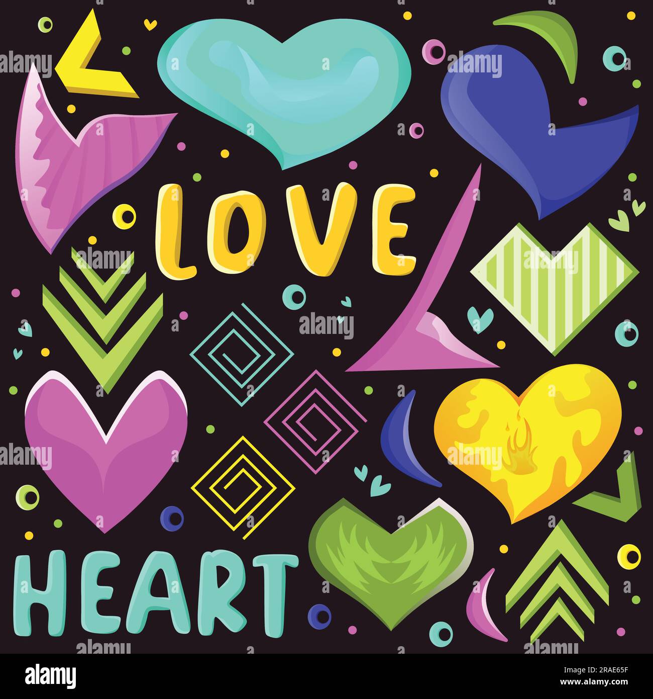 Illustrazione vettoriale di Love post molti oggetti romantici, design piatto di tendenza retrò colorato isolato su uno sfondo nero Illustrazione Vettoriale