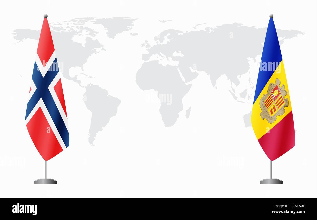 Norvegia e Andorra bandiere per un incontro ufficiale sullo sfondo della mappa mondiale. Illustrazione Vettoriale