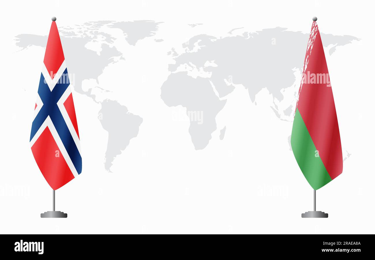 Bandiere norvegesi e bielorusse per incontri ufficiali sullo sfondo della mappa mondiale. Illustrazione Vettoriale