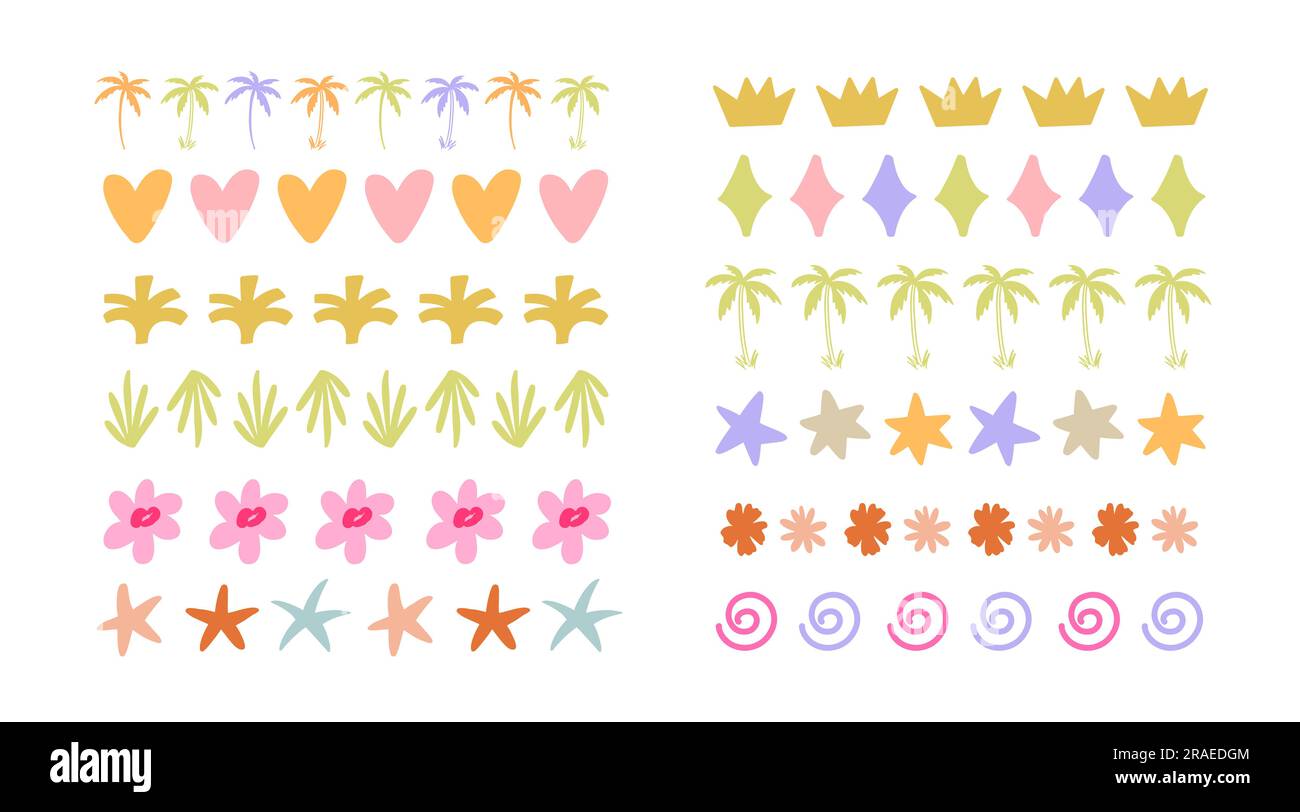Set di bordi Boho Doodle disegnati a mano. Colpi estivi Illustrazione Vettoriale