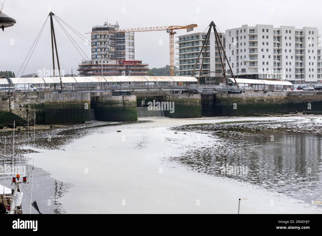 Inquinamento che entra nel porto di Boulogne-sur-Mer dal fiume Laine, nel nord della Francia Foto Stock