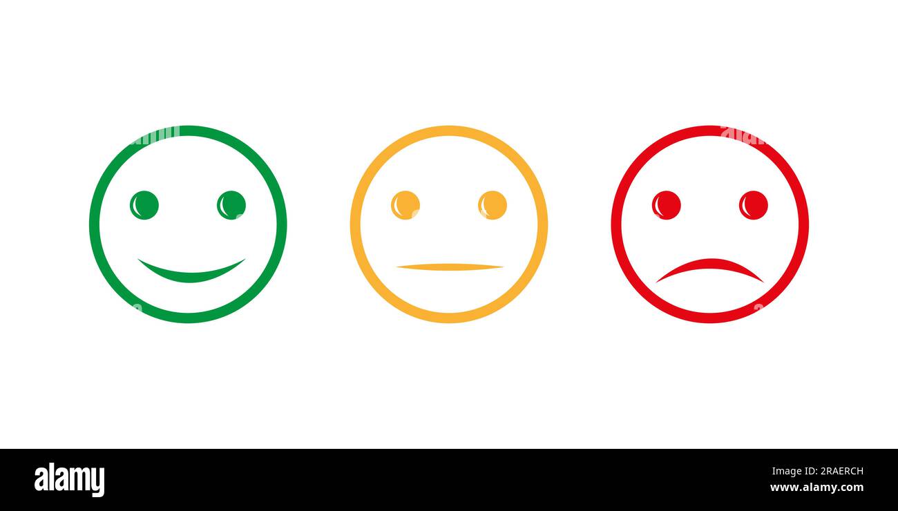 Facce emozionali, espressioni positive, negative e neutre illustrazione vettoriale. Recensione cattiva e buona, scala di valutazione, intelligenza emotiva. Happy e sa Illustrazione Vettoriale