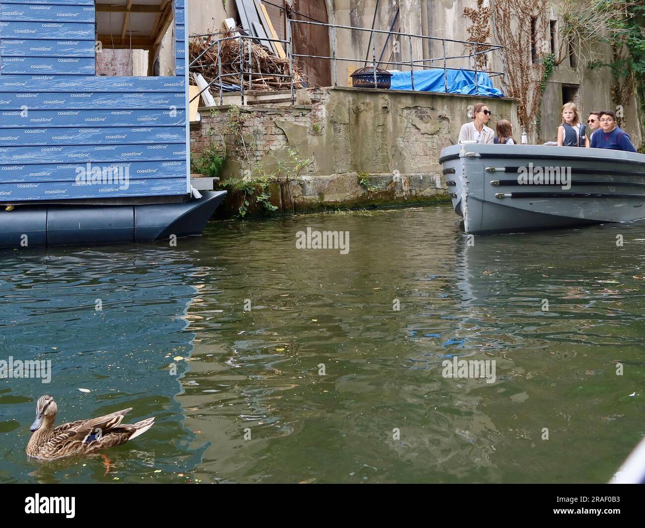 Londra, Regno Unito - giugno 2023: Vista di Camden e del Regents Canal dalla corsa in vaporetto. Un'anatra e una barca con passeggeri escono dal tunnel di sola andata della collina Maida. Foto Stock