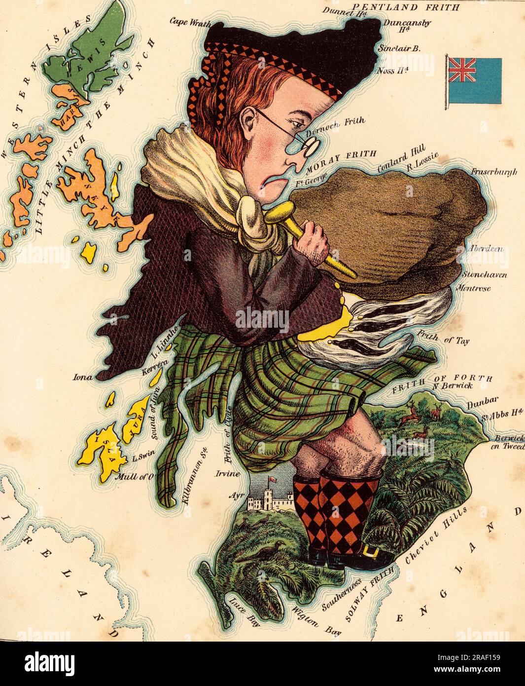 Mappa personificata, c. 1880, Scozia, raffigurata con un uomo che indossa un kilt, c. 1900, Scozia, riproduzione storica, restaurata digitalmente da una sagoma del 19th° secolo / Personiferte Landkarte, um 1880, Scozia, dargestellt mit einem Mann mit einem Kilt, um 1900, Schottland, Historisch, restaurierte Reprodukaus Vorem von 19. Jahrhundert Foto Stock