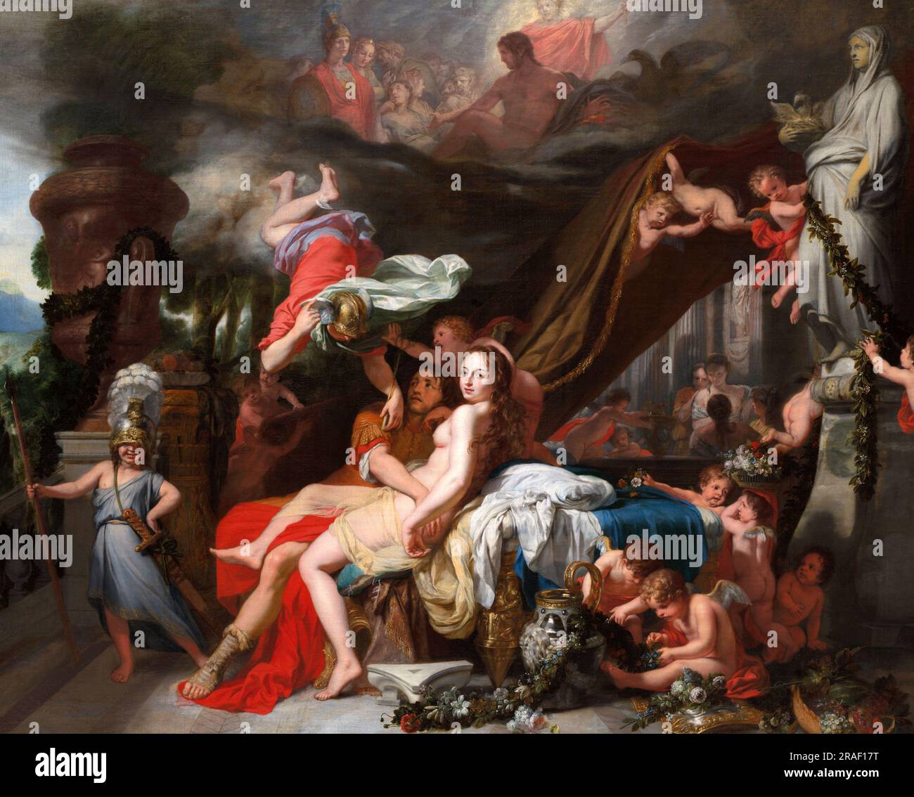 Hermes ordina a Calypso di rilasciare Odysseus, c. 1670, dipinto di Gerard de Lairesse, riproduzione storica, restaurata digitalmente da un originale del 19th ° secolo / Hermes befiehlt Calypso, Odysseus freizulassen, um 1670, Gemälde von Gerard de Lairesse, Historisch, restaurierte Reproduktion von Einer Vorlage aus 19. Jahrhundert Foto Stock