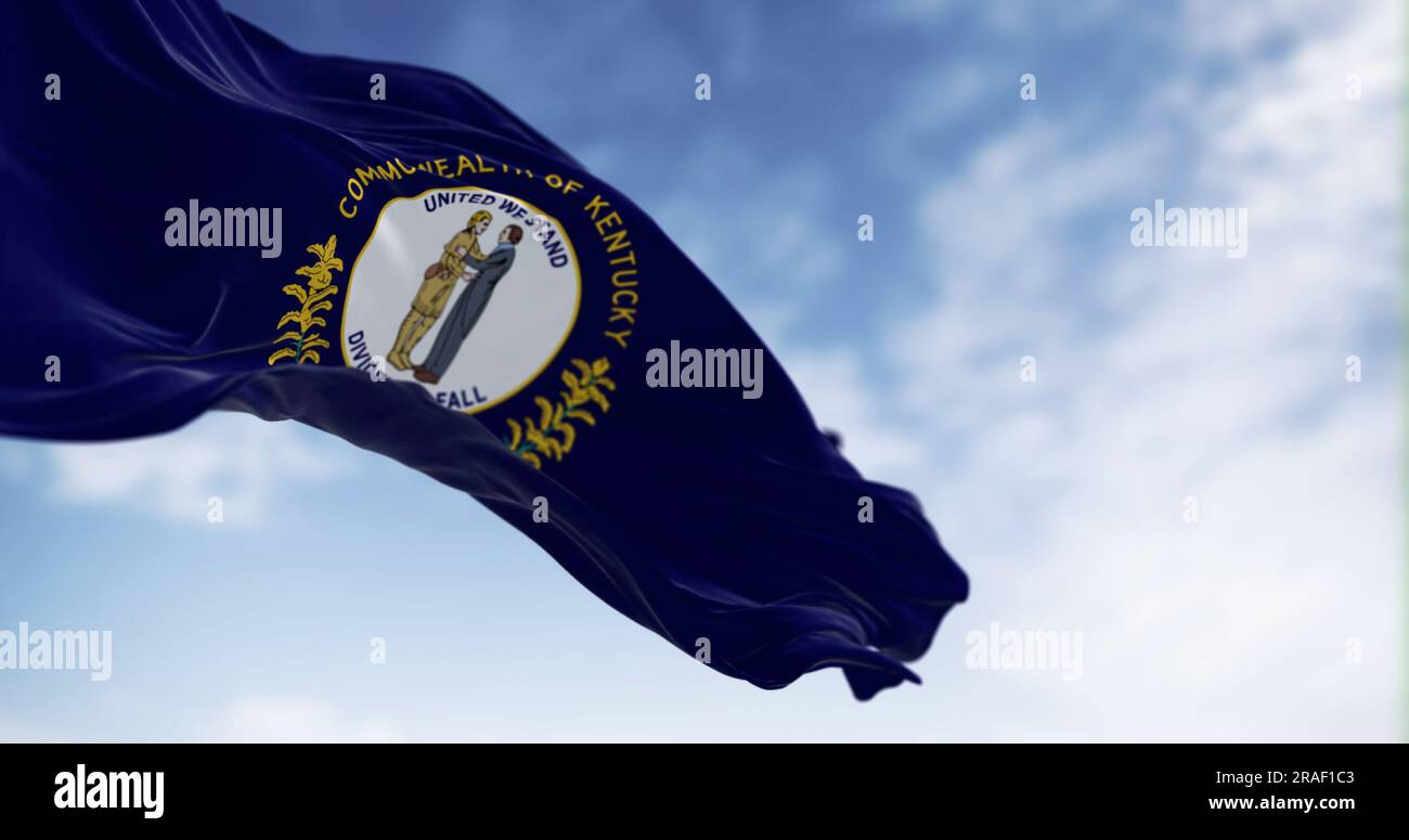 La bandiera dello stato americano del Kentucky sventolava. La bandiera del Kentucky presenta il sigillo di stato: Due uomini abbracciano il motto "United We Stand, Divided We Fall". 3d illustr Foto Stock