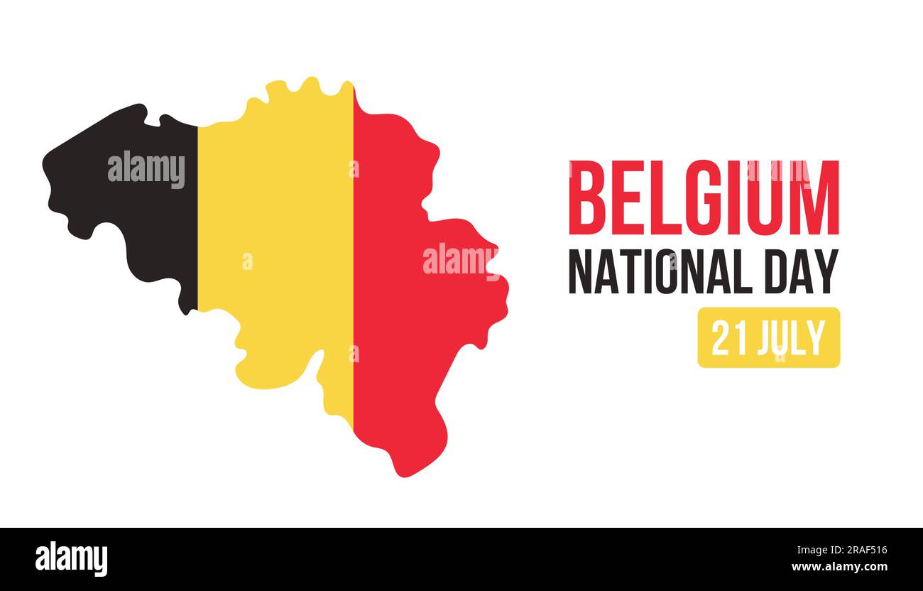Striscione orizzontale vettoriale della giornata nazionale del Belgio, biglietto d'auguri. Bandiera belga a forma di Belgio, 21 luglio Illustrazione Vettoriale