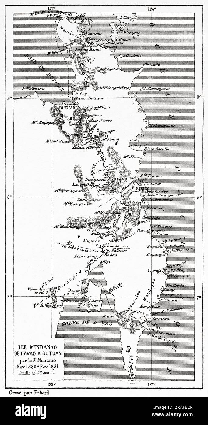 Mappa dell'isola di Mindanao da Davao a Butuan. Filippine. Indonesia. Viaggio nelle Filippine e in Malesia del Dr. J. Montano 1879-1881. Incisione del vecchio XIX secolo da le Tour du Monde 1906 Foto Stock