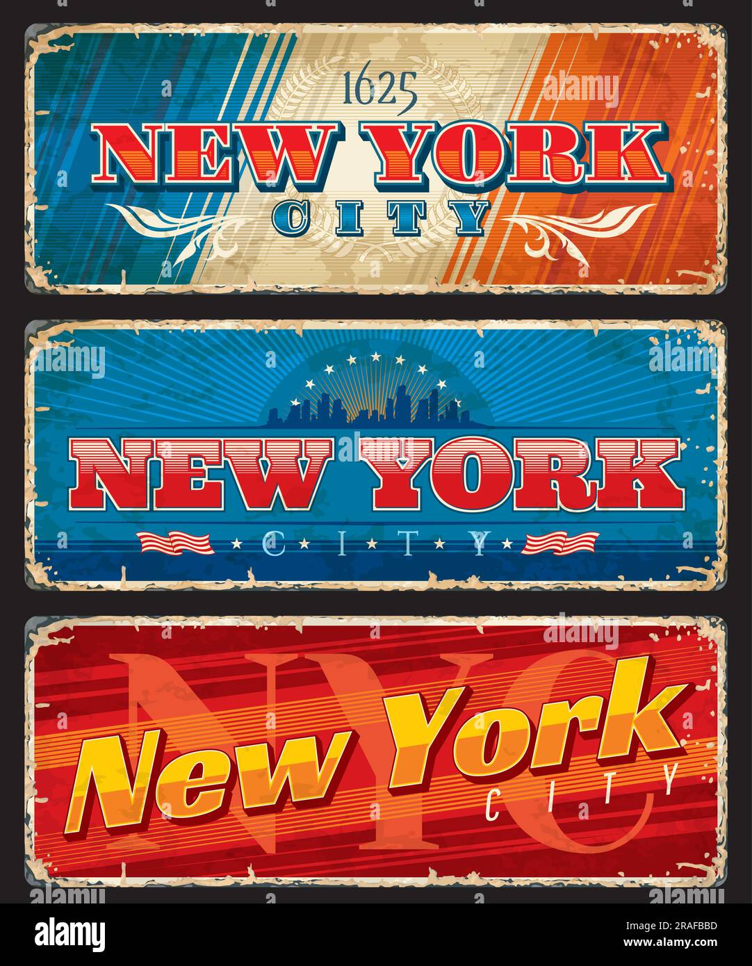 Targhe e adesivi da viaggio di New York City, striscioni in latta grunge vettoriale dei punti di riferimento degli Stati Uniti. Skyline con gli edifici del paesaggio urbano di Manhattan, le onde blu, la bandiera di New York, le stelle e le strisce striscioni cartoline d'epoca Illustrazione Vettoriale