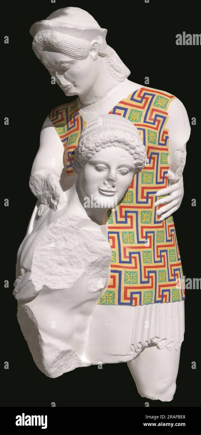 Ricostruzione di Antiope e Teseo, 490 a.C., con pittura e scultura greca antica Foto Stock