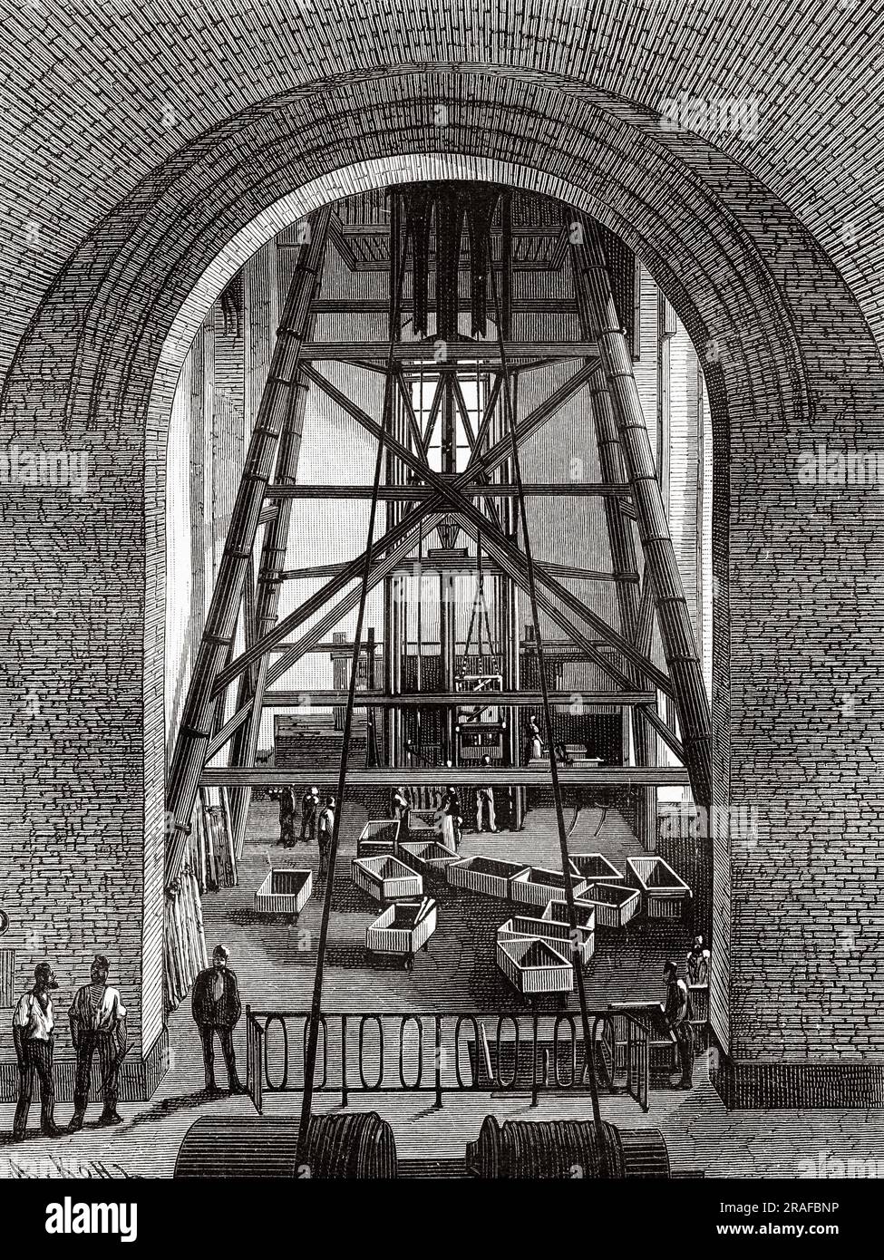 Pozzo di estrazione delle miniere di carbone di Mariemont, provincia di Hainaut. Belgio, Europa. Viaggio in Belgio con Camille Lemonnier. Incisione del vecchio XIX secolo da le Tour du Monde 1906 Foto Stock