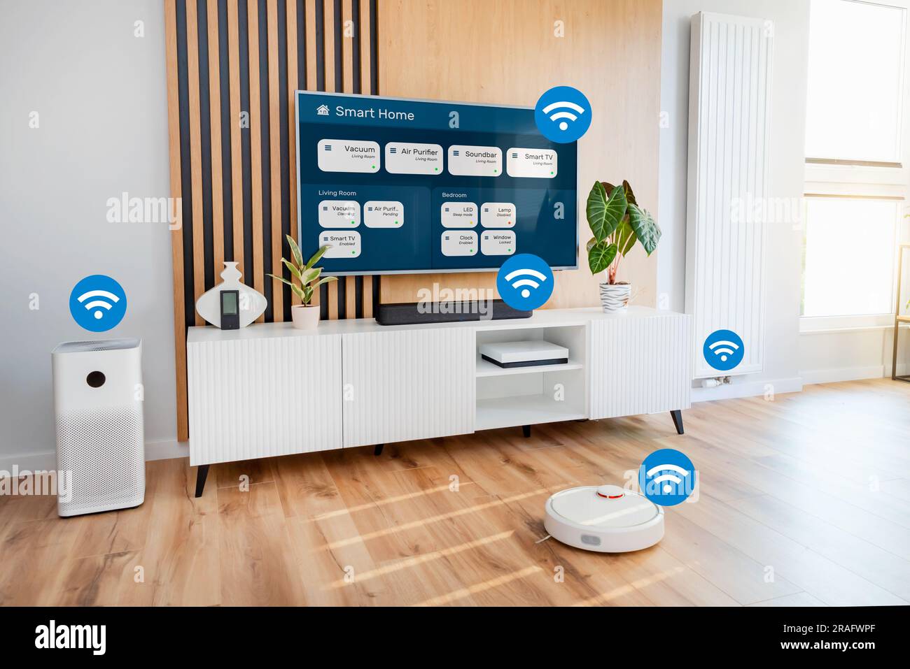 Dispositivi domestici intelligenti, controllati da app intelligenti. Concetto dell'Internet delle cose Foto Stock