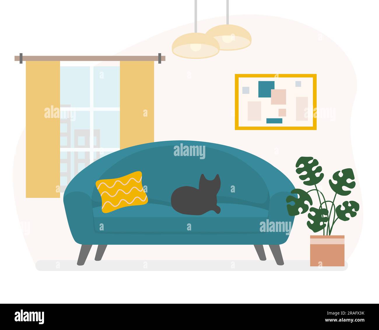 Interno del soggiorno con divano, grande pianta monstera e finestra, illustrazione vettoriale Illustrazione Vettoriale