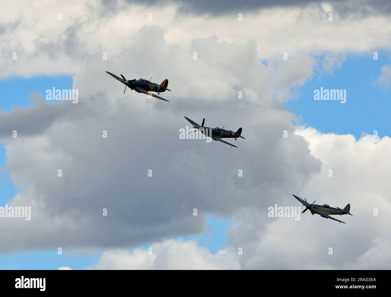 Supermarine d'epoca Spitfire MK Vc AR501 G-AWII , Sea Hurricane 1b, Z7015 e Supermarine Seafire Navy Wings in volo. Foto Stock