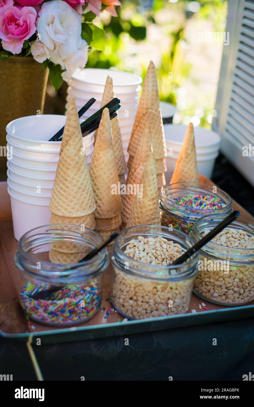 Coni di waffle gelati, tazze e spruzzi durante la festa estiva in giardino. Foto Stock
