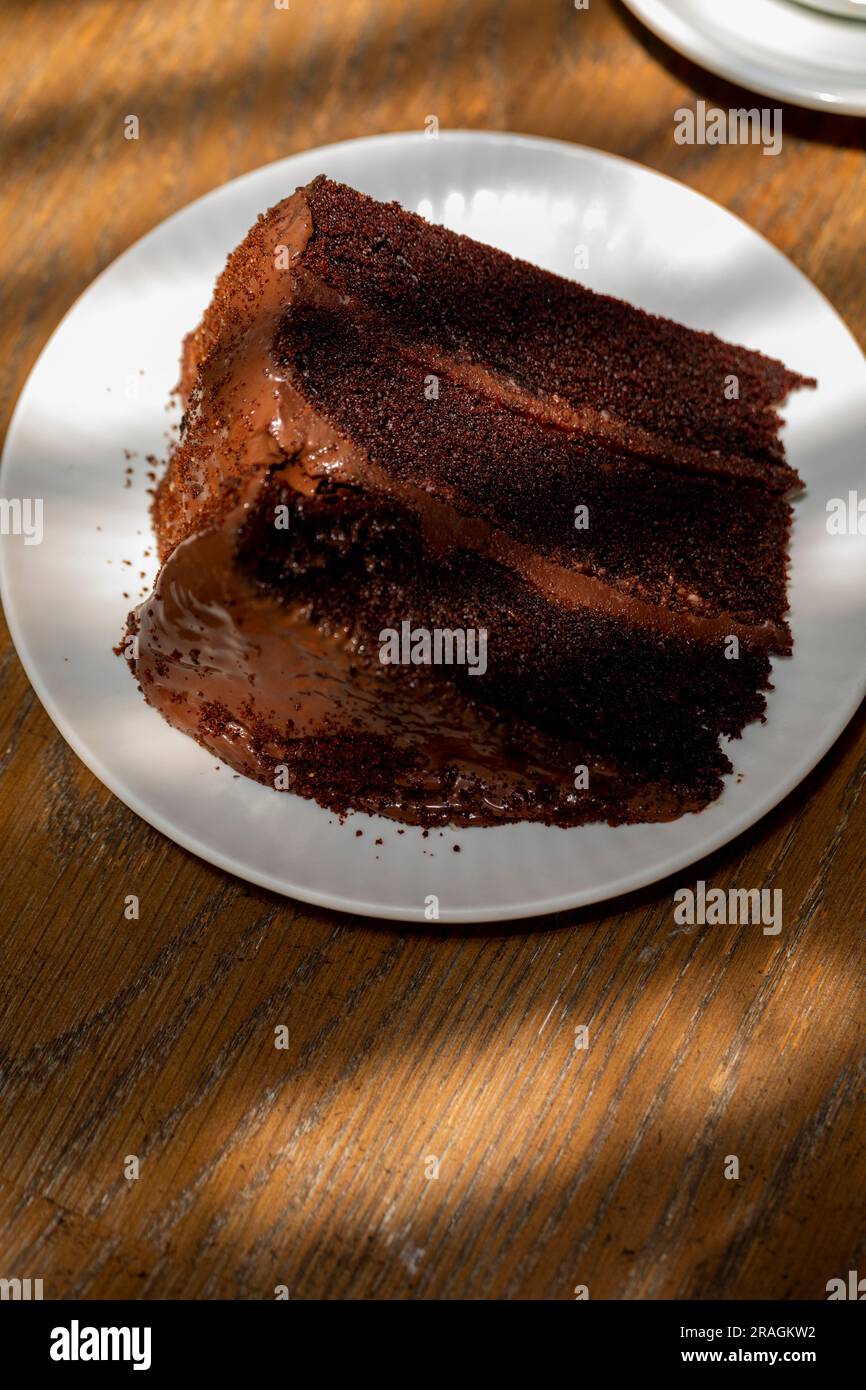 il taglio di torta al cioccolato è una grossa fetta con una tazza di caffè sul retro Foto Stock