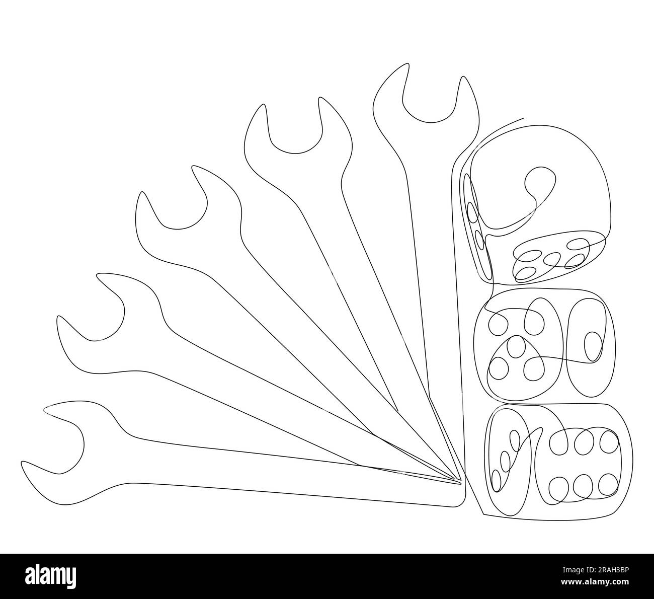 Una linea continua di chiave e dadi. Concetto vettoriale illustrazione a linee sottili. Idee creative per disegnare contorni. Illustrazione Vettoriale