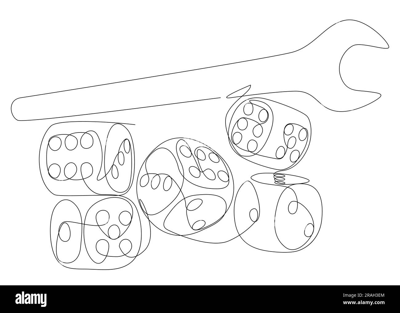 Una linea continua di chiave e dadi. Concetto vettoriale illustrazione a linee sottili. Idee creative per disegnare contorni. Illustrazione Vettoriale