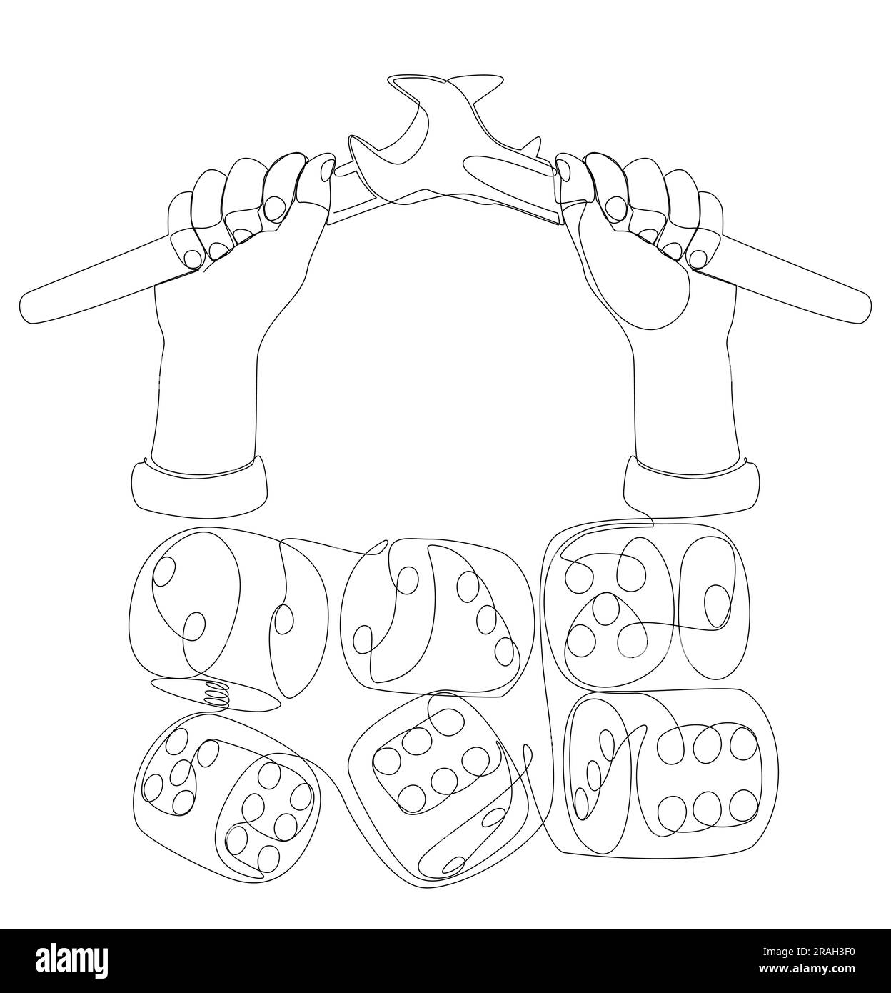 Una linea continua di chiave e dadi. Concetto vettoriale illustrazione a linee sottili. Idee creative per disegnare contorni. Illustrazione Vettoriale