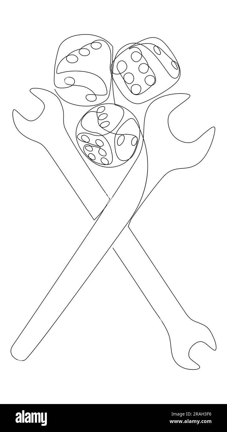 Una linea continua di chiave e dadi. Concetto vettoriale illustrazione a linee sottili. Idee creative per disegnare contorni. Illustrazione Vettoriale