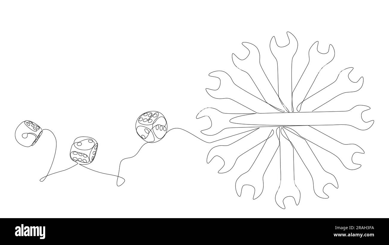 Una linea continua di chiave e dadi. Concetto vettoriale illustrazione a linee sottili. Idee creative per disegnare contorni. Illustrazione Vettoriale