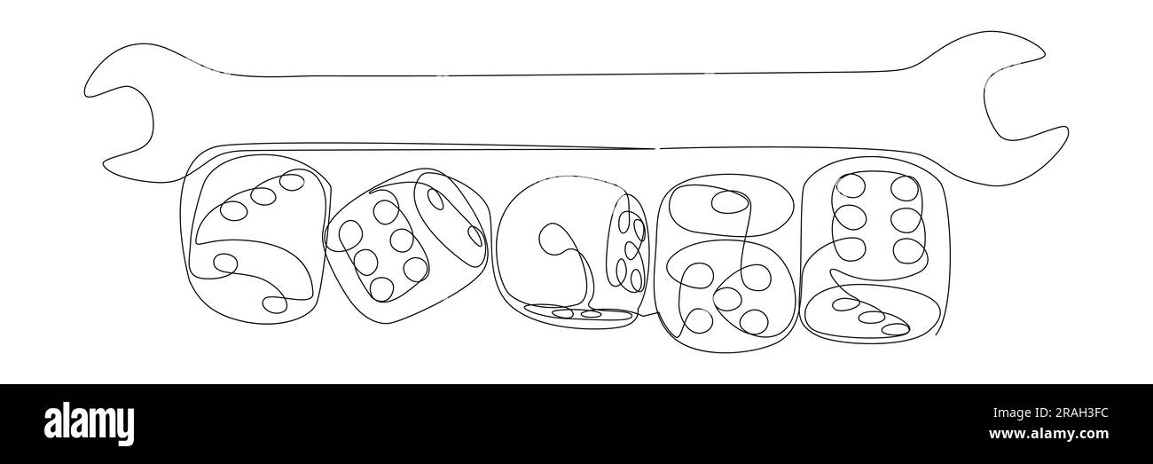 Una linea continua di chiave e dadi. Concetto vettoriale illustrazione a linee sottili. Idee creative per disegnare contorni. Illustrazione Vettoriale
