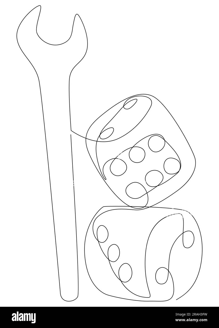 Una linea continua di chiave e dadi. Concetto vettoriale illustrazione a linee sottili. Idee creative per disegnare contorni. Illustrazione Vettoriale