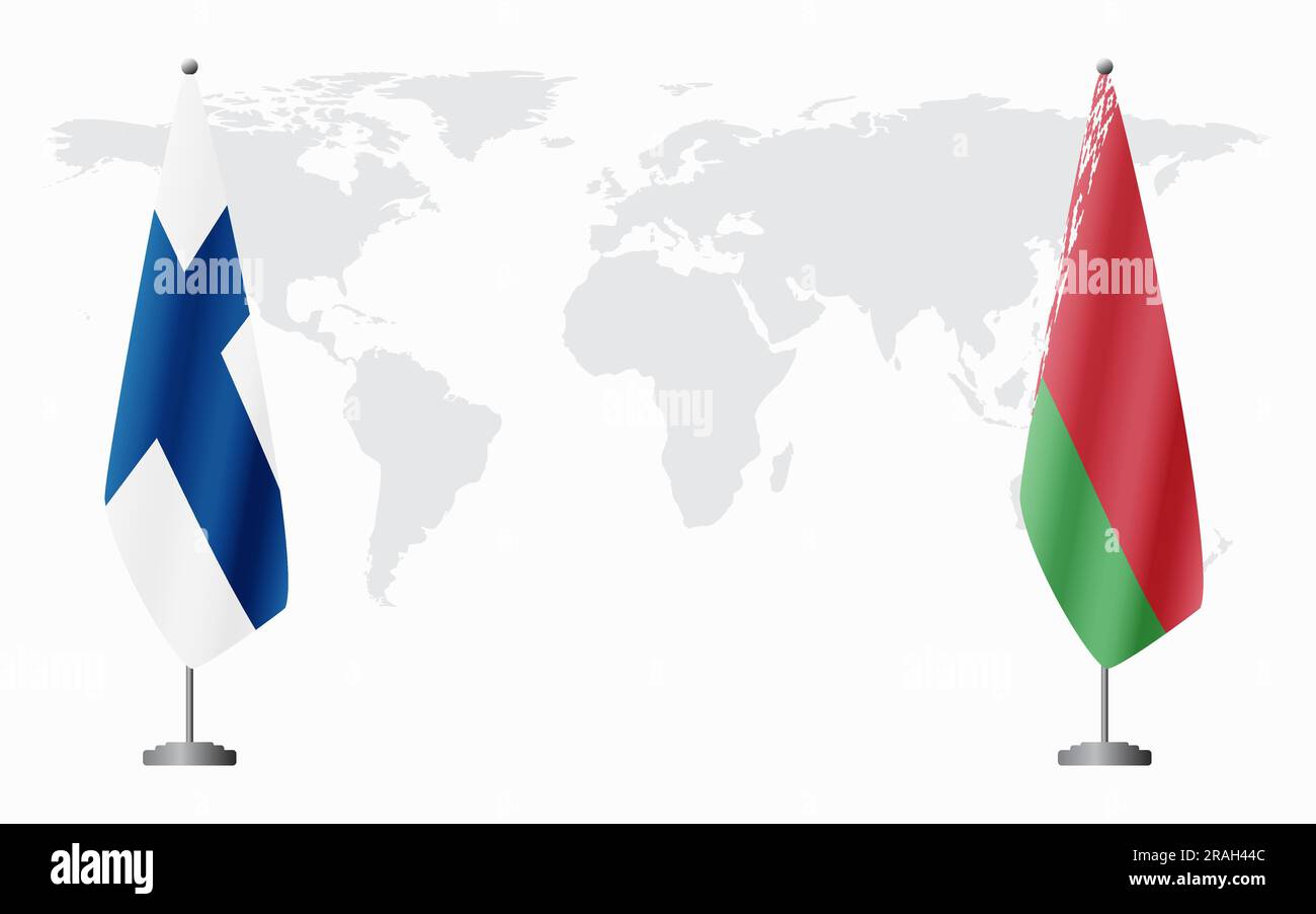 Bandiere finlandesi e bielorusse per incontri ufficiali sullo sfondo della mappa mondiale. Illustrazione Vettoriale