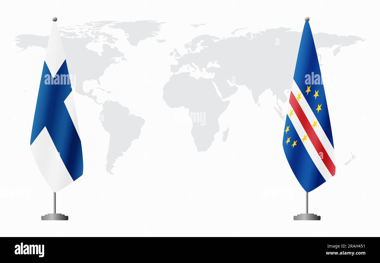 Finlandia e Capo Verde bandiere per un incontro ufficiale sullo sfondo della mappa mondiale. Illustrazione Vettoriale