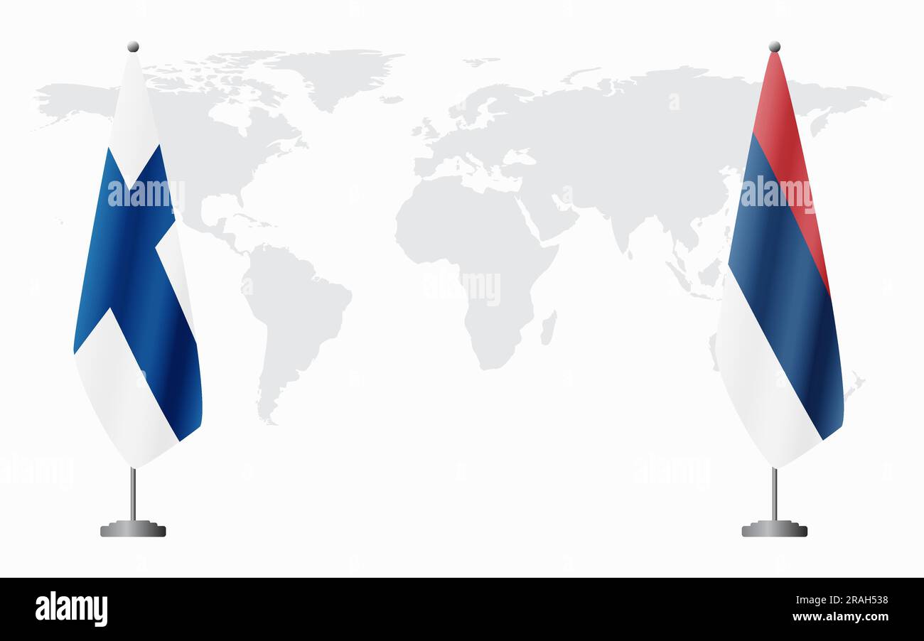 Finlandia e Serbia civile bandiere per un incontro ufficiale sullo sfondo della mappa mondiale. Illustrazione Vettoriale