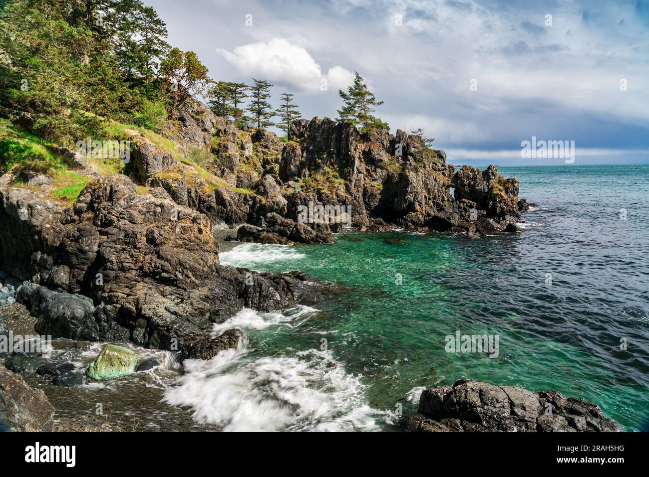 La costa rocciosa dell'isola di Vancouver a Creyke Point nell'East Sooke Regional Park, British Columbia, Canada. Foto Stock