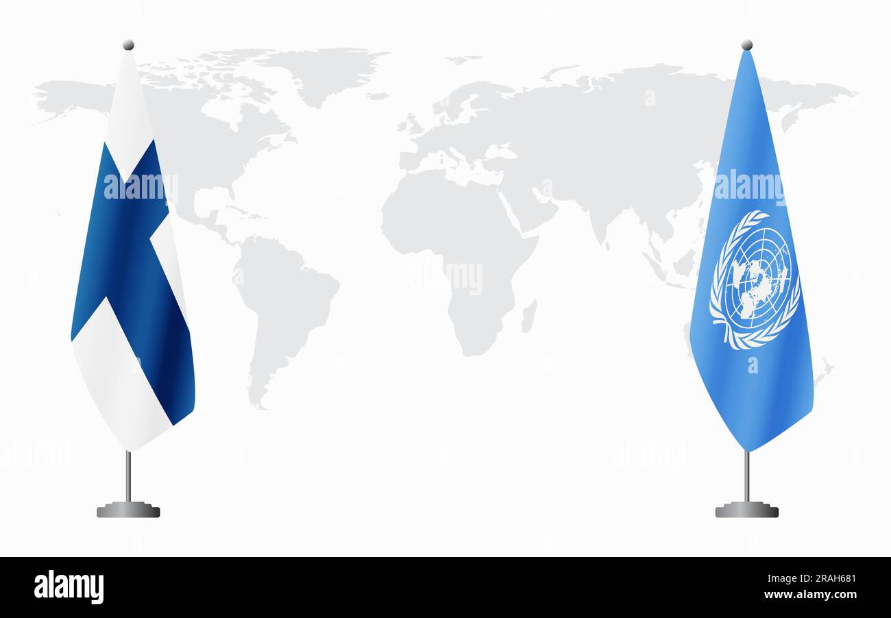 La Finlandia e le Nazioni Unite bandiere per un incontro ufficiale sullo sfondo della mappa mondiale. Illustrazione Vettoriale