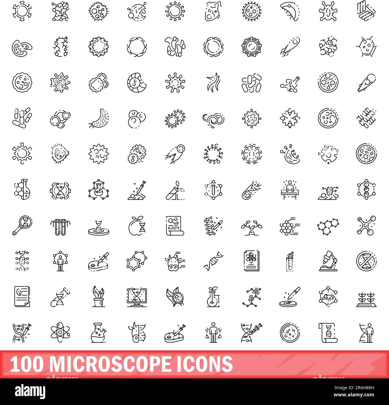 set di icone per microscopio da 100. Illustrazione di 100 icone del microscopio insieme vettoriale isolato su sfondo bianco Illustrazione Vettoriale