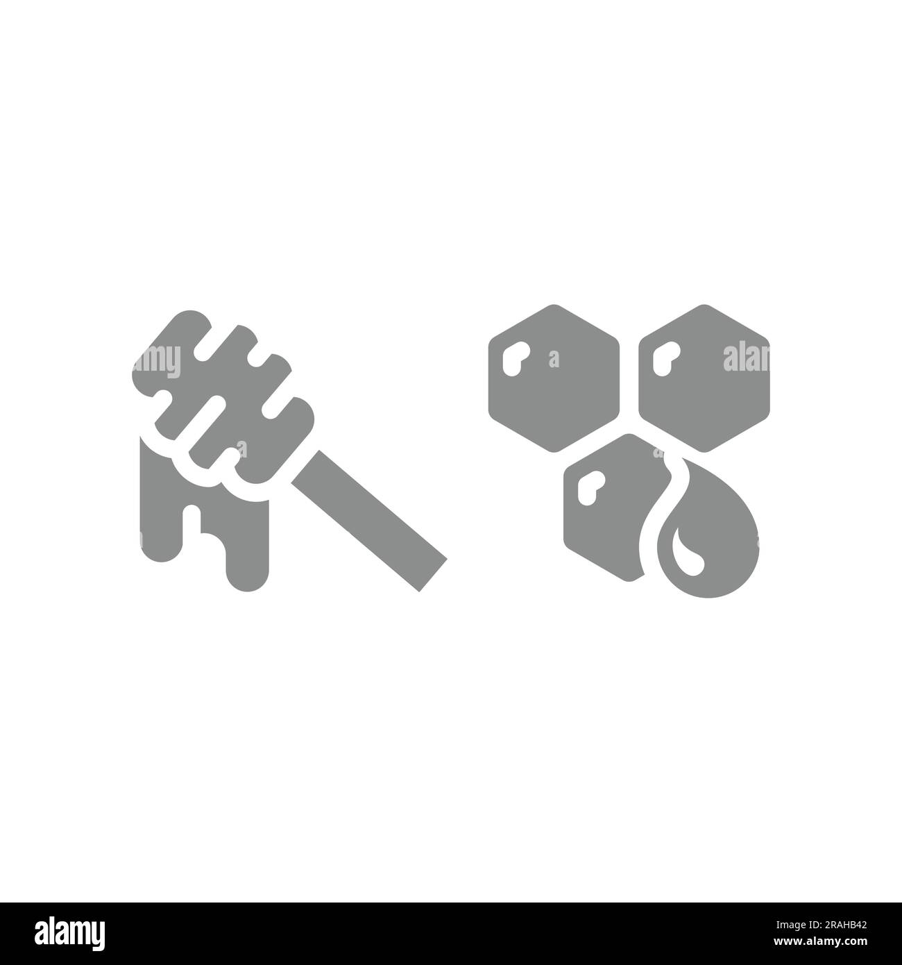 Icone vettoriali nere a nido d'ape, a cucchiaio. Cucchiaio di miele in legno e set di icone vettoriali riempite di gocce. Illustrazione Vettoriale