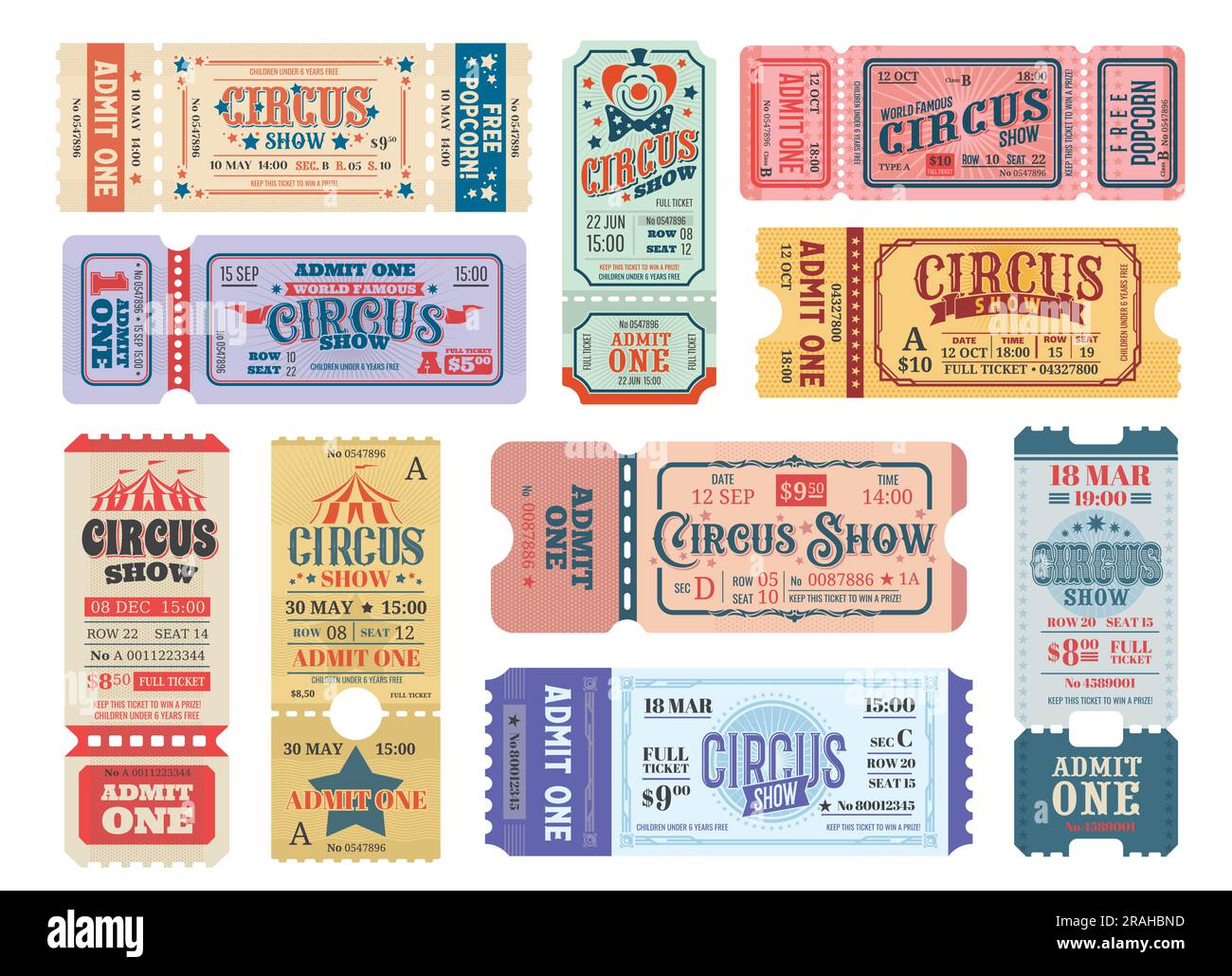 Biglietti per il vecchio circo vintage. Una grande tenda superiore, un coupon retrò. Biglietto d'ingresso vettoriale vintage per lo spettacolo Circus, biglietto d'ingresso per il concerto o biglietto d'ingresso cartaceo grunge con parte a strappo Illustrazione Vettoriale
