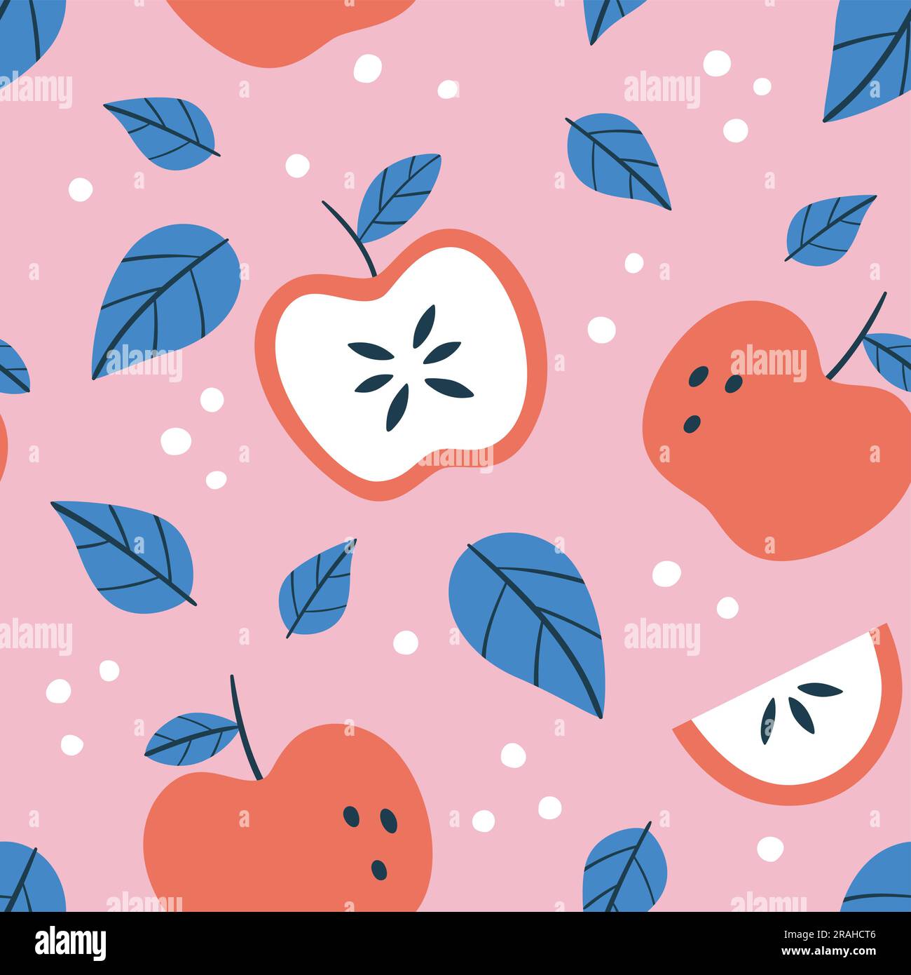 Motivo senza cuciture alla frutta di mela. Ripetizione quadrata, con mele e foglie. Composizione rosa e blu. Ripetizione di progetto a vettore piatto. Illustrazione Vettoriale