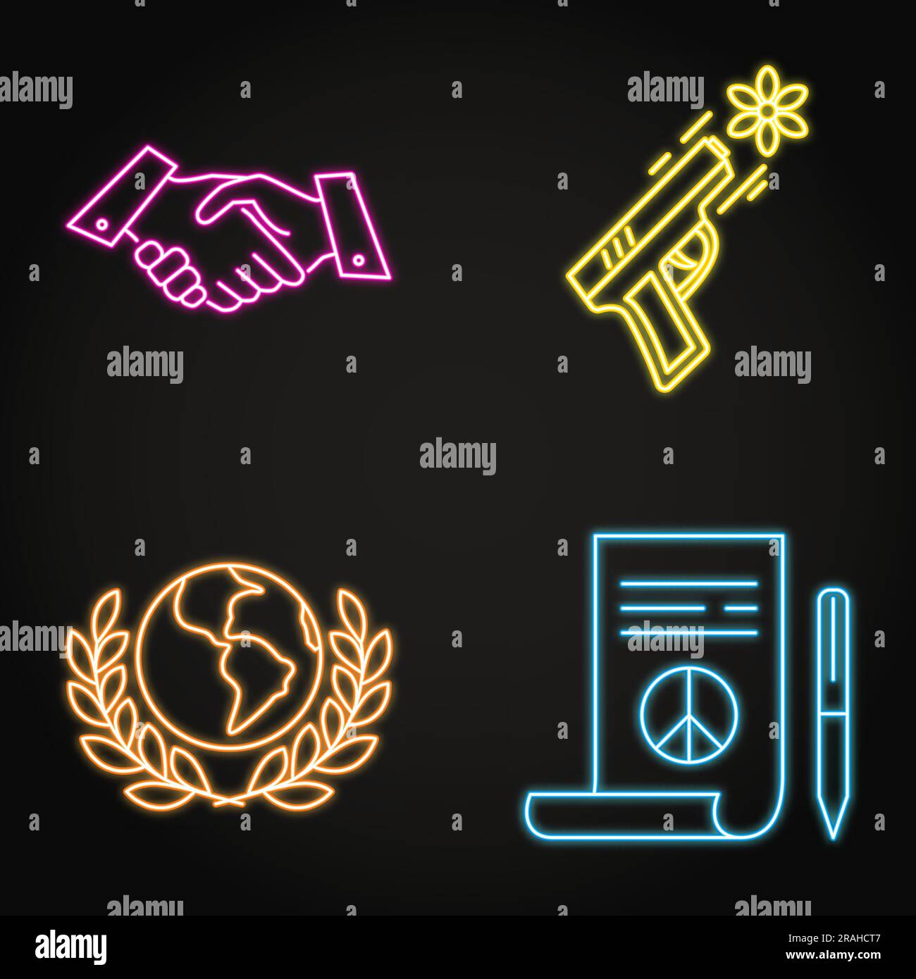 Set di icone al neon con simboli di pacifismo e pace. Niente guerra, cooperazione mondiale. Illustrazione vettoriale. Illustrazione Vettoriale