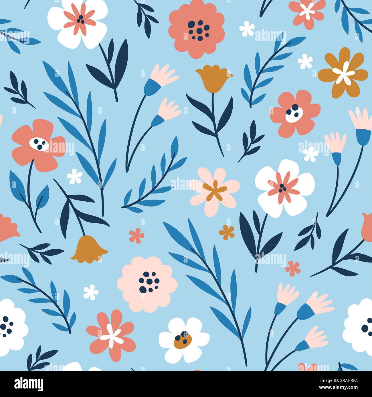 Grazioso motivo floreale senza cuciture con fiori astratti e ramoscelli. Ripetere il motivo floreale su sfondo azzurro. Design quadrato. Illustrazione vettoriale. Illustrazione Vettoriale
