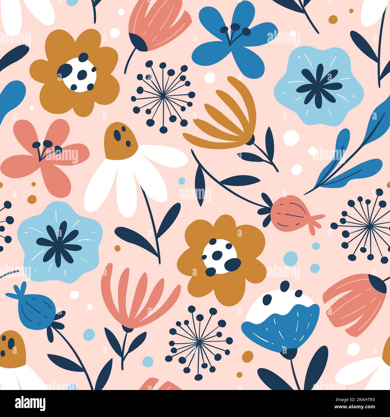 Grazioso motivo floreale senza cuciture. Ripeti il pattern con fiori astratti isolati su sfondo rosa chiaro. Design quadrato. Illustrazione vettoriale. Illustrazione Vettoriale