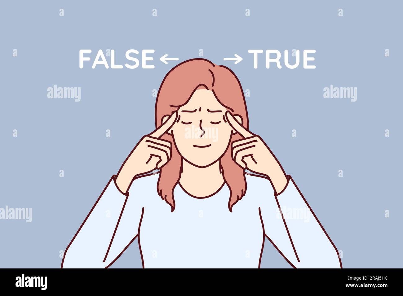 La donna vicino a iscrizioni false e vere riflette il tentativo di scegliere tra due opzioni e prendere decisioni difficili. La donna ha messo le dita sui templi e ha chiuso gli occhi considerando pro e contro una decisione fatale Illustrazione Vettoriale